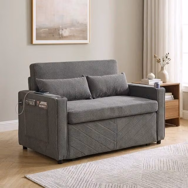 Desviae Divano letto scorrevole in tessuto con struttura in legno funzione chaise longue e porte USB per soggiorno e studio