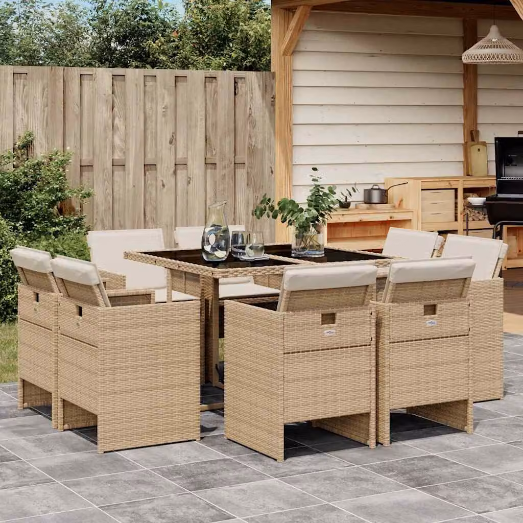 Set da Pranzo da Giardino vidaXL in Polyrattan con Cuscini Beige e Tavolo in Vetro, 9 Pezzi – 1