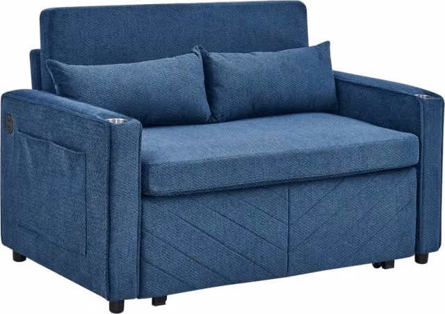 Divano letto 2 posti navy blue con sistema a scorrimento e ricarica USB