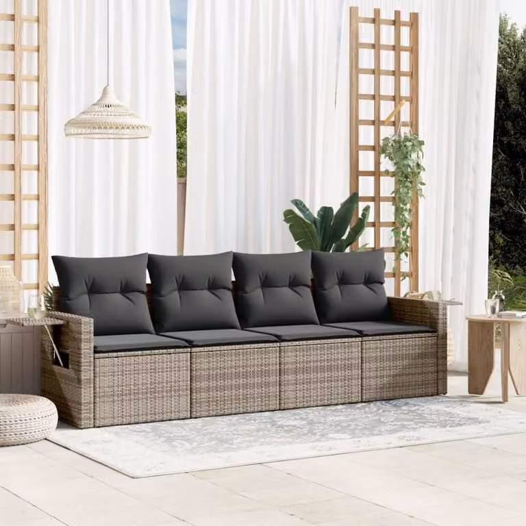 vidaXL Set Divani da Giardino 4 pz in Polyrattan Grigio con Cuscini e Tavolino