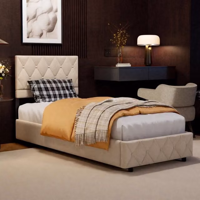 Letto singolo con contenitore 90x190 cm; testiera imbottita regolabile; rivestimento in velluto; crema