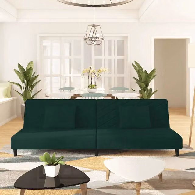 Divano Letto Click-Clack a 2 Posti vidaXL in Velluto Verde con Cuscini e Struttura in Legno Massiccio L: 200 cm, P: 84,5 cm, H: 69 cm