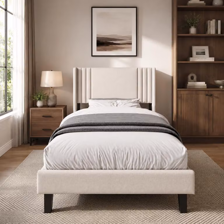 Struttura letto INONEFT, 90x200 cm, letto imbottito con spazio contenitore sotto il letto, letto per bambini/ragazzi con testiera e rete a doghe, senza materasso, colore beige
