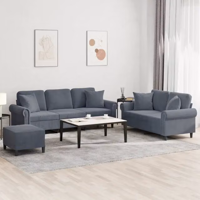 Set di divani moderno vidaXL in velluto grigio composto da divano a 3 posti, divano a 2 posti e pouf con cuscini inclusi – 1
