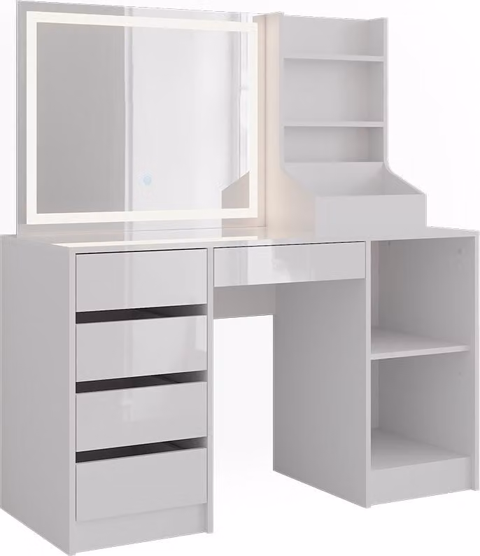 Tavolo da toeletta Vicco Sherry Bianco/Bianco lucido 128.2 cm con specchio a LED, Model 57635