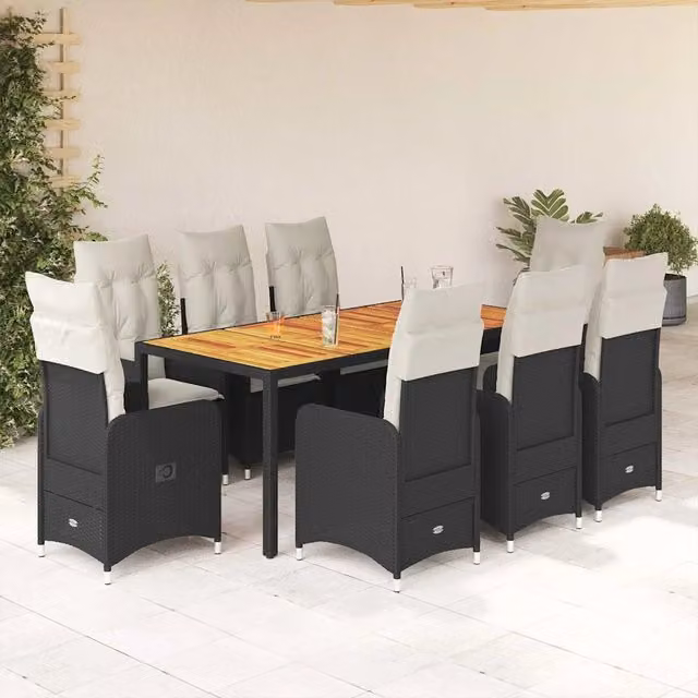 Set Bistrò da Giardino vidaXL 9 Pezzi in Polyrattan e Legno di Acacia Nero e Bianco