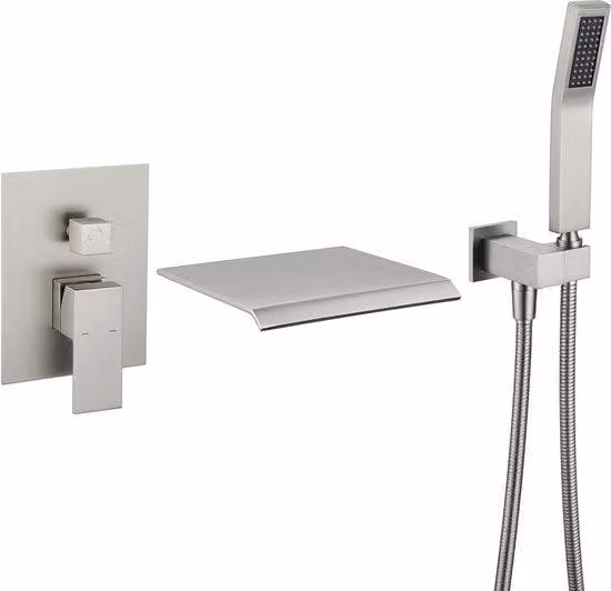 WEBO Miscelatore da incasso per vasca con doccetta, acciaio inox (RVS), design a cascata, comando a 2 pulsanti