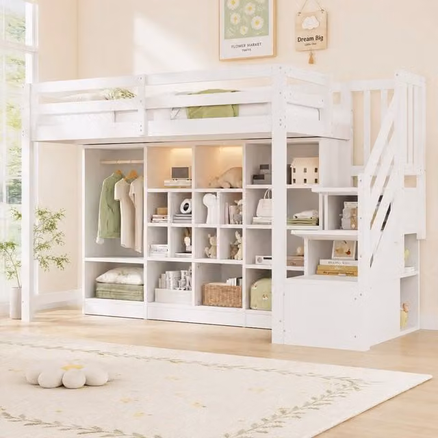 Letto a soppalco 90x200 cm con contenitore; LED e scala integrata in legno bianco