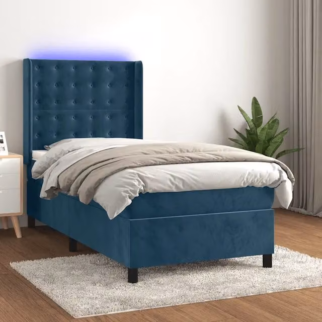 Letto singolo | Letto per adulti | Letto a Molle con Materasso e LED Blu Scuro 80x200cm in Velluto