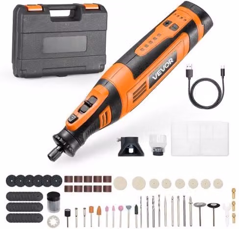VEVOR Kit di Utensili Rotanti Senza Fili da 136 Pezzi, Mini Utensile Rotante Portatile Arancione con Batteria Ricaricabile, 5 Velocità da 5000 a 30000 giri/min per Incisione, Levigatura e Lucidatura