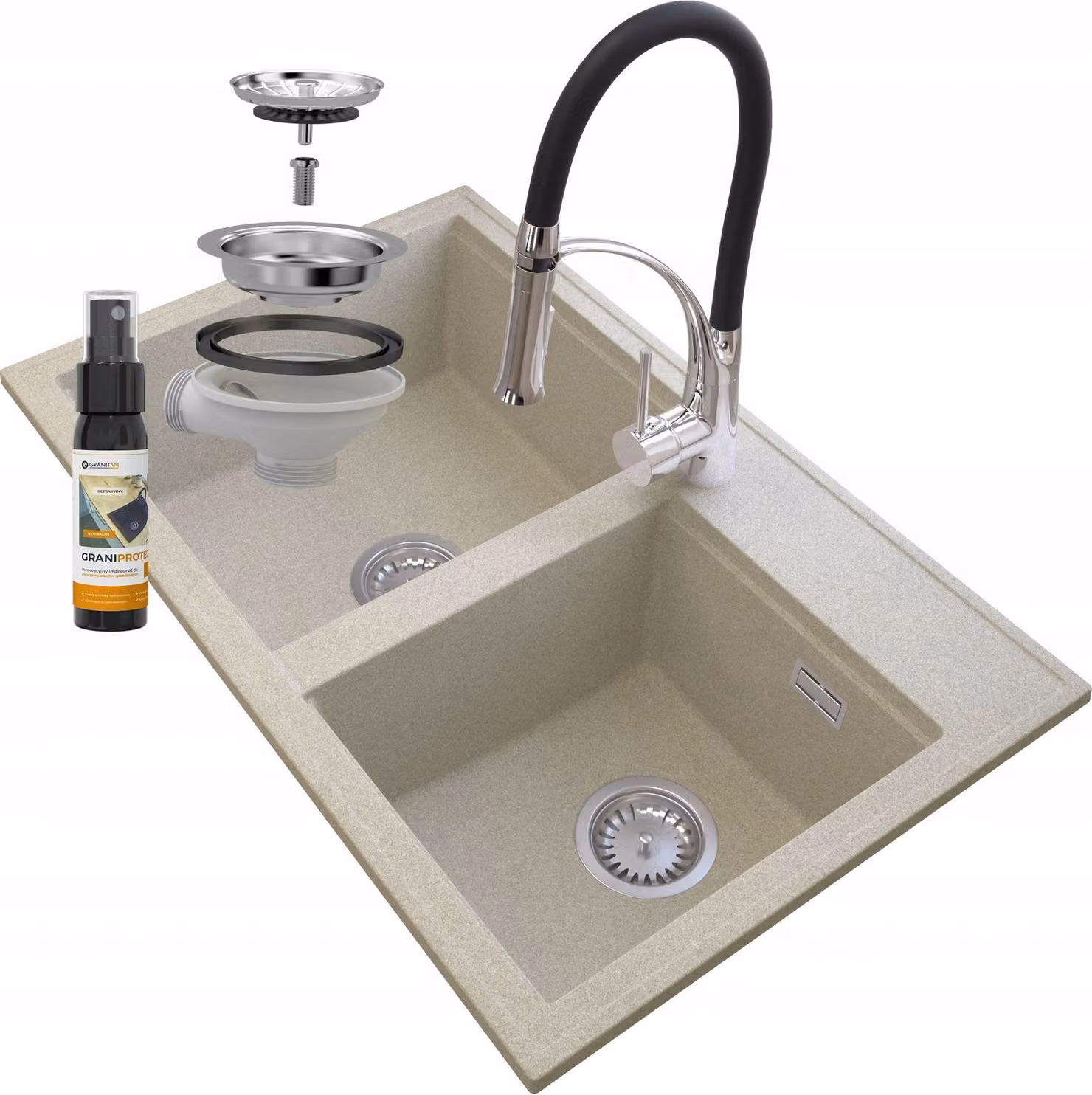 Granitan - Lavello in granito - Lavello da cucina - 2 vasche - 80x50 cm - Beige - con rubinetteria NEXO e sifone - HEKTOR