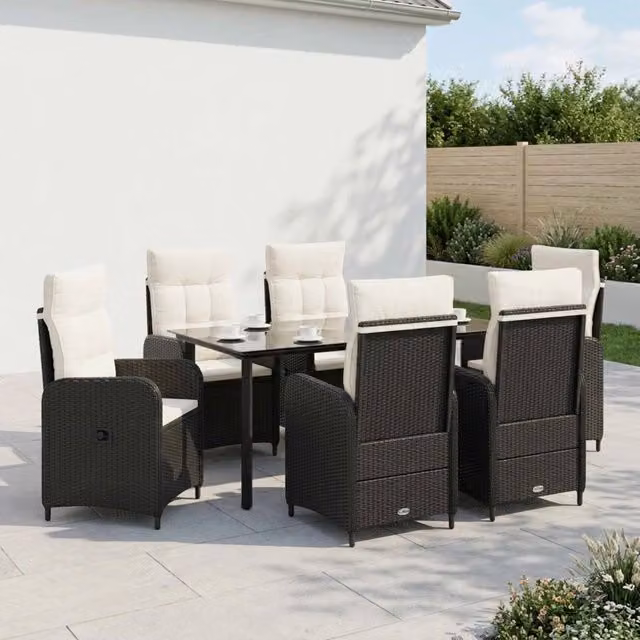 Set da pranzo per giardino e terrazzo vidaXL in polyrattan nero e bianco, 7 pezzi – 1