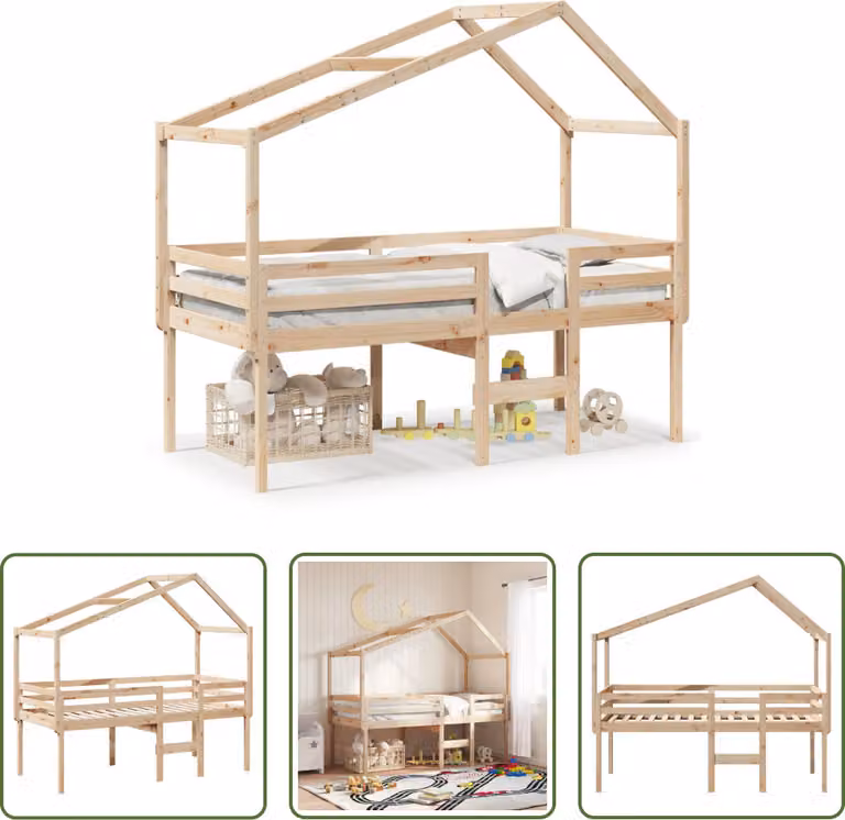 The Living Store Letto a soppalco con tetto 80x200 cm in legno di pino massiccio