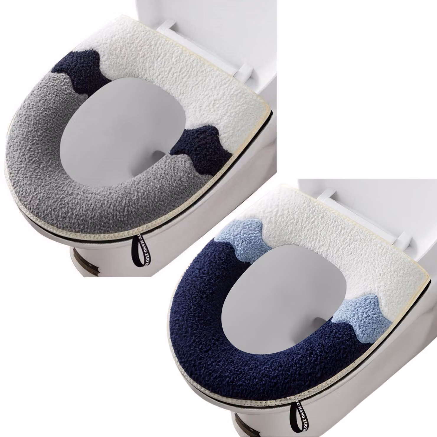 Set di coprisedili per WC, 2 pezzi, morbidi e spessi, con maniglia, lavabili, colore grigio e blu navy, adatti a forme ovali