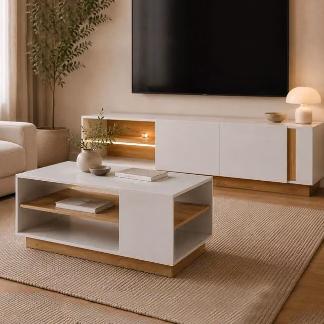 Tavolino da salotto DMORA Kari con 2 vani, L/P/H: 100 x 60 x 46 cm, Bianco e Rovere – 1