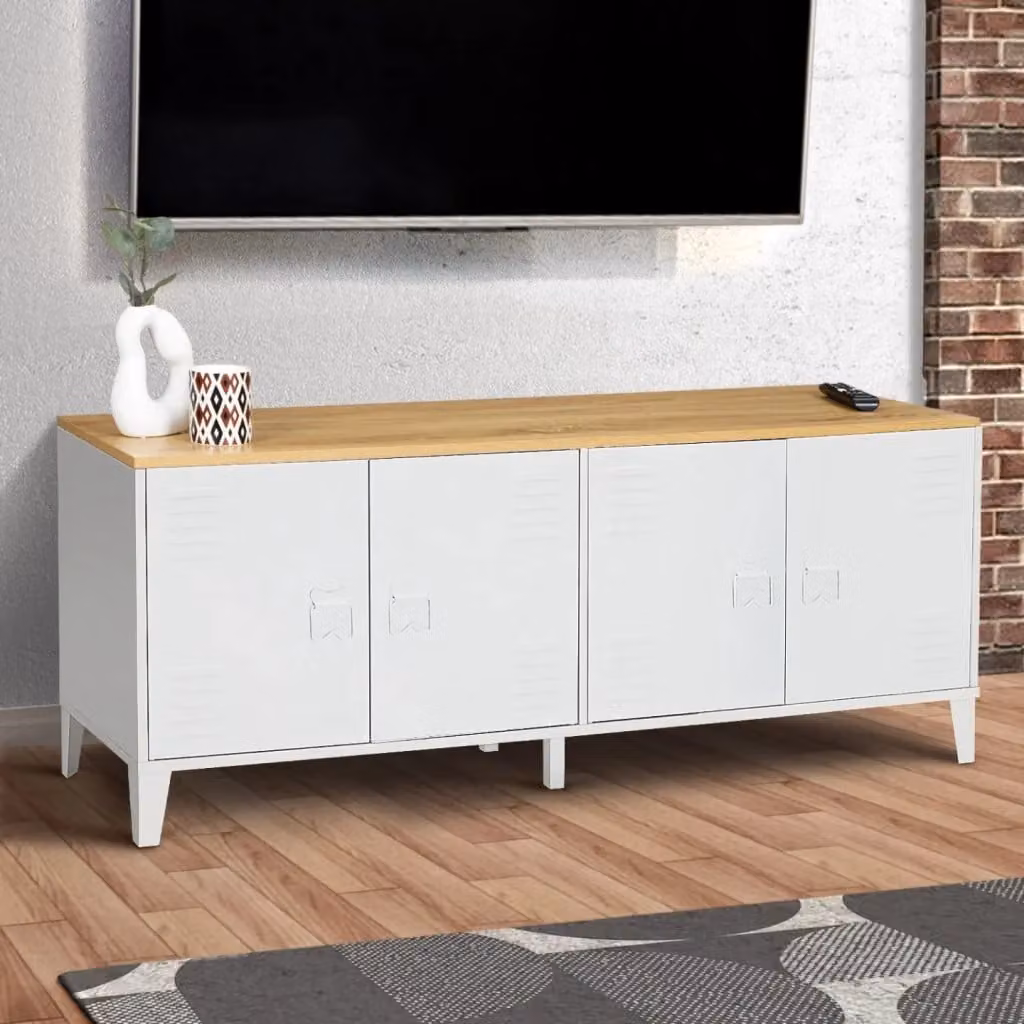 IDMarket Credenza bassa ESTER in stile industriale con 4 ante in metallo bianco e piano in legno di faggio, L: 140 cm, H: 40 cm, P: 52 cm – 2