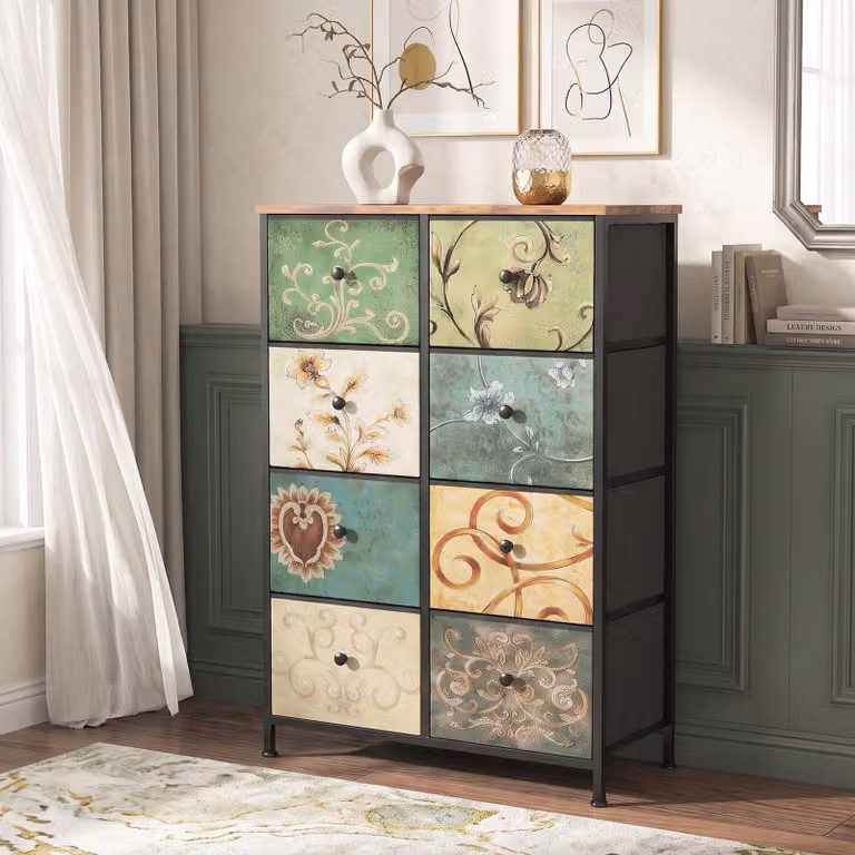 Comodino INONEFT con 8 cassetti rivestiti in tessuto, dimensioni 67,5x30x100 cm. Mobile contenitore per camera da letto, tipo settimino, con struttura in metallo e superficie in legno, decorato con un motivo floreale vintage