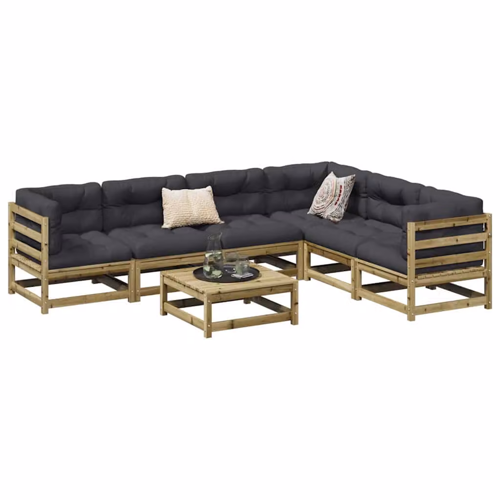 vidaXL Set Divani da Giardino 7 pz in Legno di Pino Impregnato con Cuscini, Colore Marrone e Grigio – 1