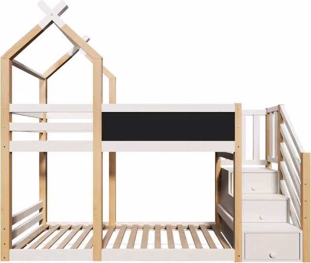Letto a castello per bambini 90x200 cm con design casetta sull'albero, contenitore integrato e protezione anticaduta, struttura in legno di pino e MDF, colore naturale e bianco (senza materasso)