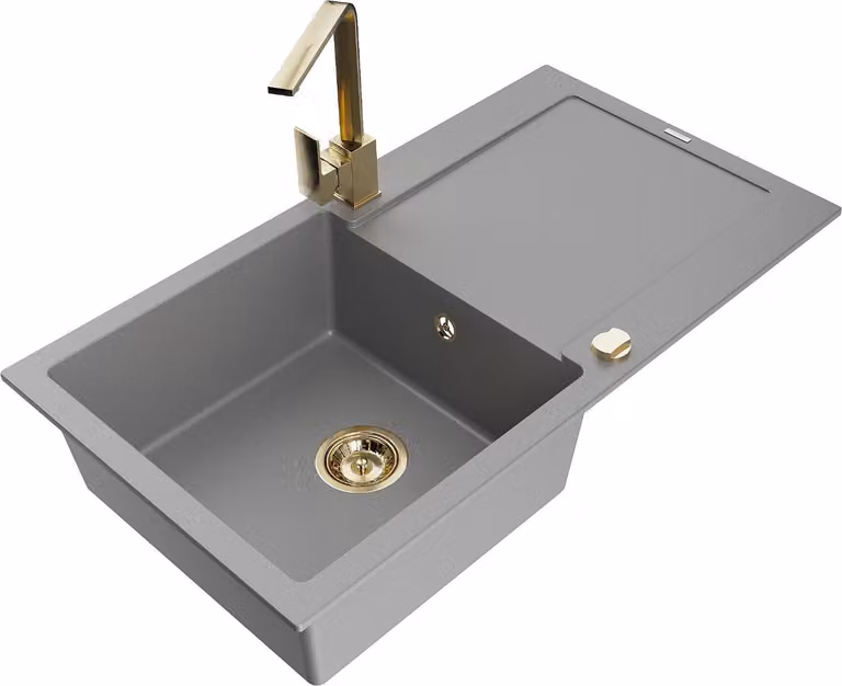 Mexen Leo lavello in granito a 1 vasca con sgocciolatoio e rubinetto da cucina Rita, grigio - 6501-71-670300-50