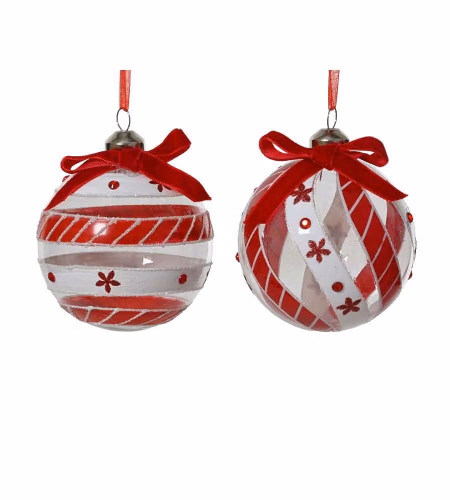 Decoris Sfera di Natale Vetro Trasparente - Glitter e Nastro Rosso - 8 cm
