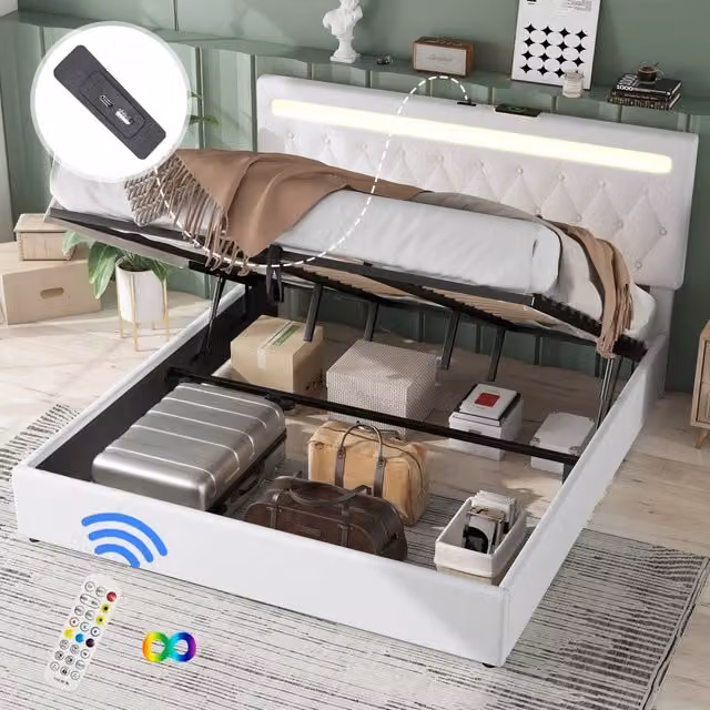 Letto matrimoniale 180 × 200 cm con contenitore idraulico, LED regolabile, USB e Type-C, senza materasso, bianco
