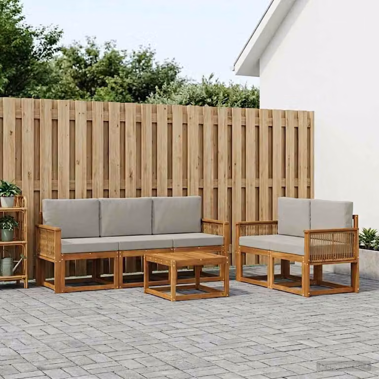 Set di divani da esterno vidaXL 6 pezzi in legno di acacia con tavolo da caffè, colore beige e grigio chiaro