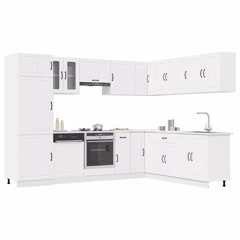Set di mobili da cucina moderno vidaXL Lucca composto da 14 pezzi in legno e vetro, colore bianco opaco