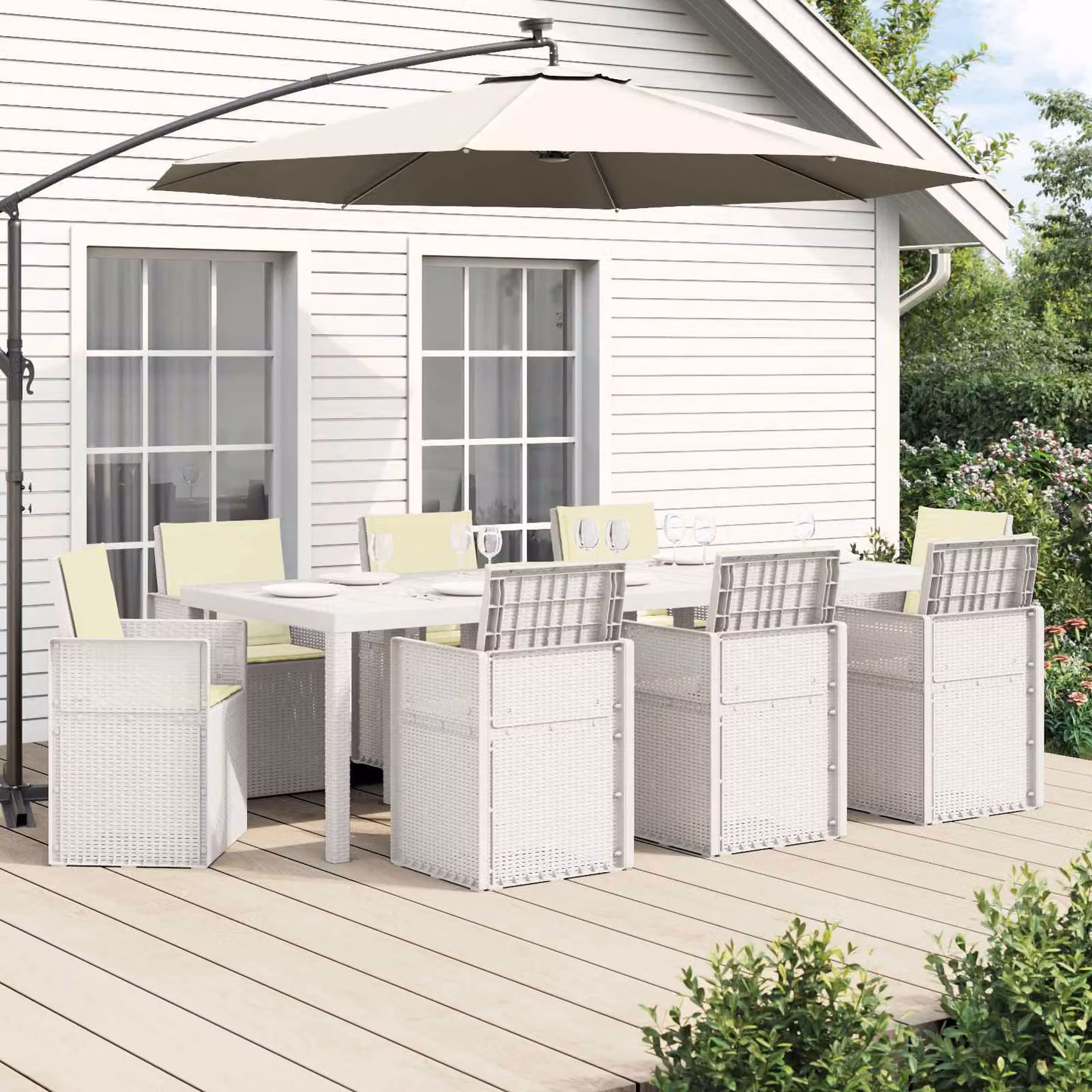 Set da pranzo per giardino e terrazzo vidaXL in 9 pezzi bianco e beige in plastica resistente alle intemperie