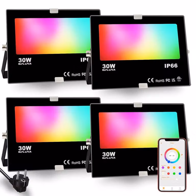 Lampada a LED da esterno, 30W, RGBW, 3000 lumen, 2700K, grado di protezione IP66, tecnologia Bluetooth Mesh, set da 4 pezzi