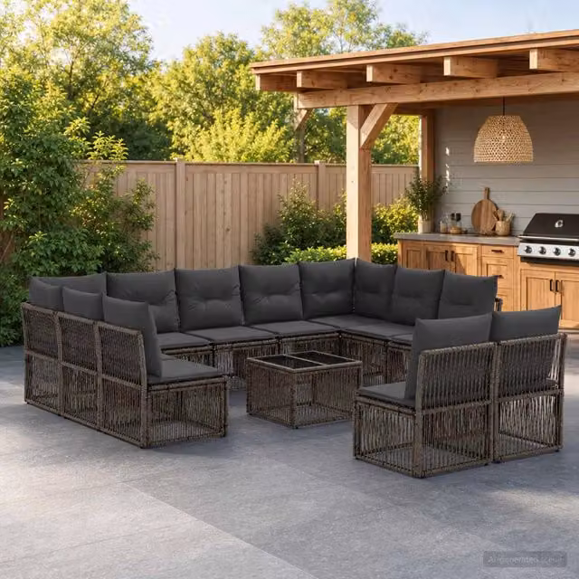 Set Divano da Giardino a L con Tavolino vidaXL, 12 Pezzi, Grigio, con Cuscini e Struttura in Acciaio Verniciato a Polvere – 1