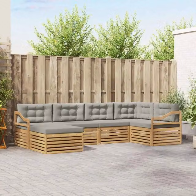 Set di divani da esterno a L con pouf vidaXL in legno di acacia bianco e grigio
