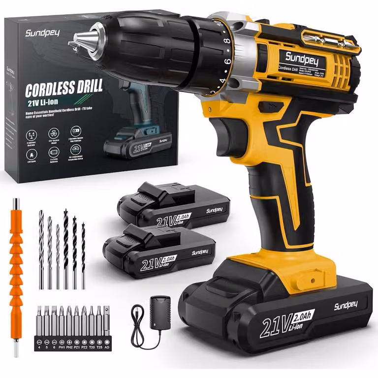 Set di avvitatore a batteria da 21V con 2 batterie da 2.0Ah, coppia di 45 Nm, 2 velocità, 18+1 livelli di coppia, mandrino autoserrante da 10mm, colore giallo