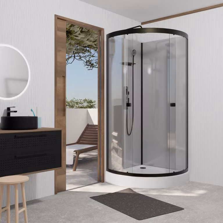 Doccia completa Marwell doccia completa Grey Style Round 215x90x90cm - doccia prefabbricata con vetro temperato da 5 mm - con ripiano per utensili da doccia