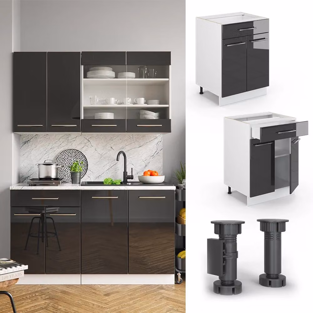 Mobiletto base per cucina Vicco Fame-Line Antracite lucido e Bianco con cassetto, larghezza: 60 cm, senza piano di lavoro – 2