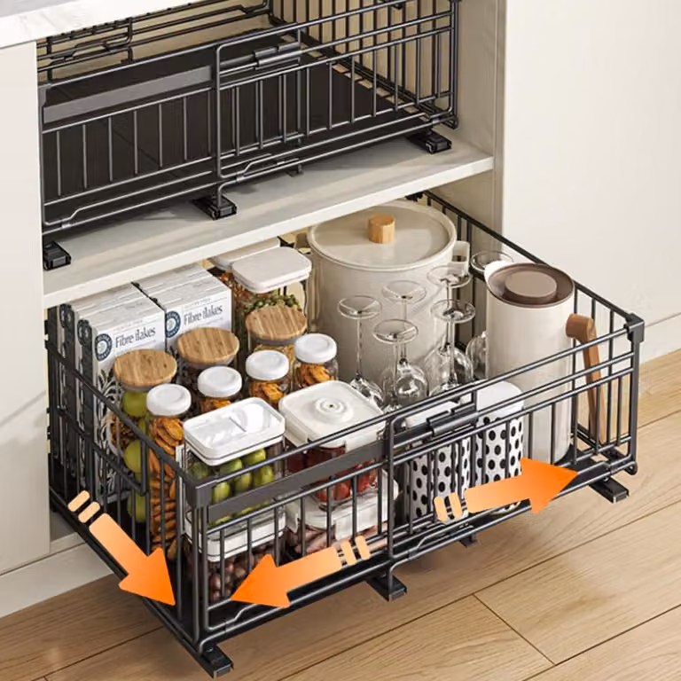 Cassetti telescopici estensibili per l'organizzazione della cucina, 2 pezzi, larghezza 32,5-50 cm, colore nero, materiale: metallo