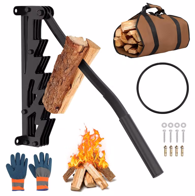 Spaccatura manuale per legno, realizzata in acciaio al manganese e ghisa, colore nero, da fissare a parete, dotata di leva fissa e set di accessori