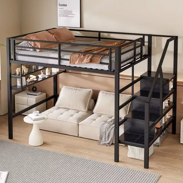 Letto a soppalco singolo per bambini OKWISH con scala contenitore, ripiani e sponde, nero, L/P/H: 200 x 140 x 160 cm