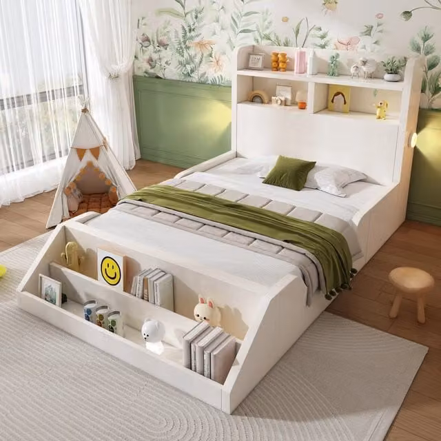 Letto singolo 90 × 200 cm con 2 luci notturne, ripiani e libreria removibile, senza materasso, bianco