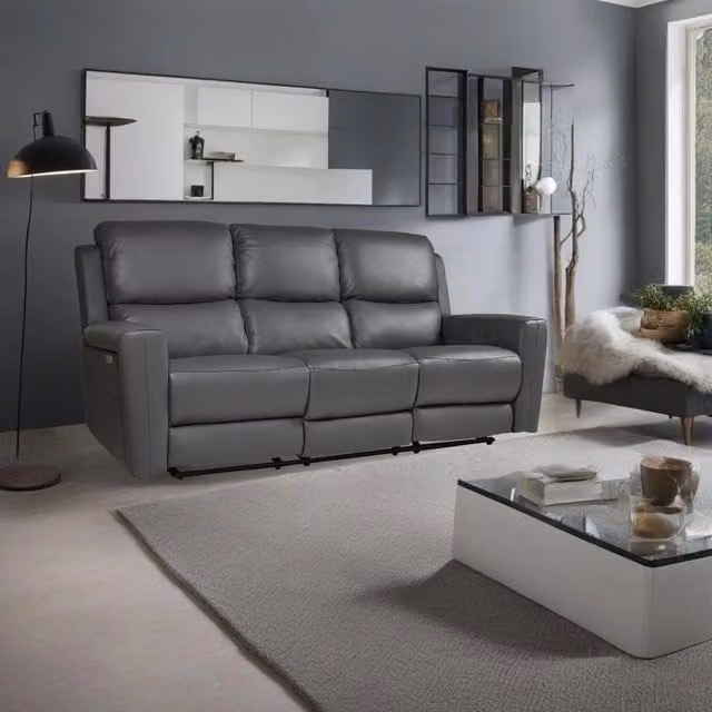 Divano Claus a 3 posti con reclinazione elettrica in vera pelle grigio scuro L: 211 cm, P: 77 cm, H: 103 cm – 1