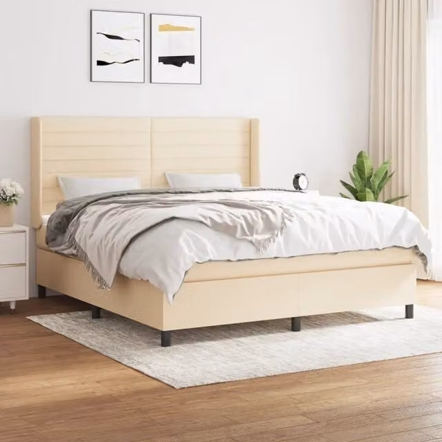 Letto Ibrido vidaXL con Giroletto a Molle e Materasso in Tessuto Beige e Bianco L/P/H: 180 x 200 x 128 cm