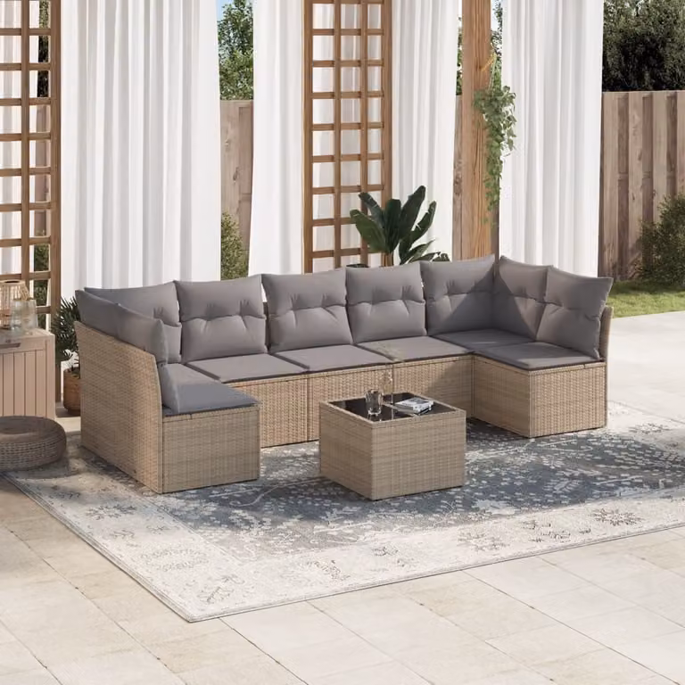 vidaXL Set Divano da Giardino 8 pz a Forma di L con Cuscini Beige e Tavolino in Polyrattan e Metallo