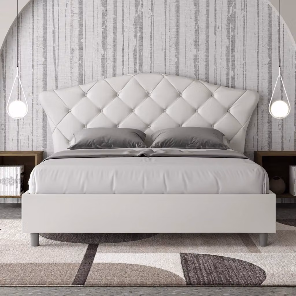 Letto Matrimoniale Moderno GIORDANOSHOP Imbottito in Similpelle Bianco L/P/H: 135 x 160 x 223 cm – 2