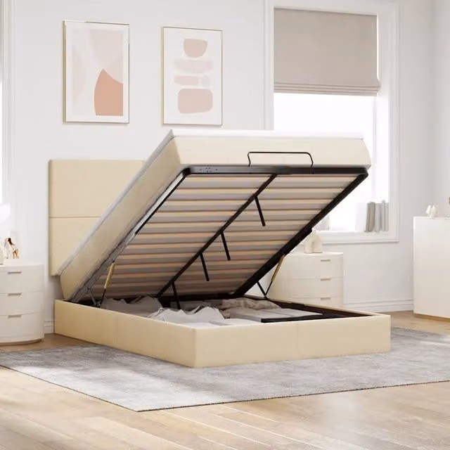 Letto con contenitore a sollevamento vidaXL in tessuto beige e bianco con materasso L/P: 140 x 190 cm