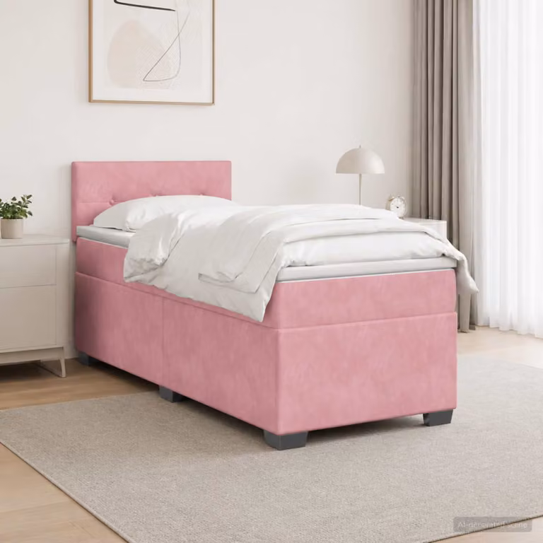 Letto box spring con materasso vidaXL in velluto rosa e bianco, L/P: 90 x 200 cm