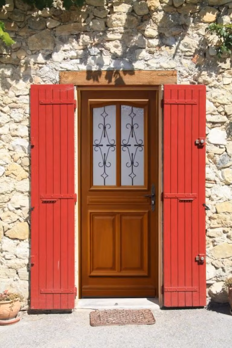 Porta d'ingresso in legno con vetrata Perret, H.215xL.90 cm, lato pannello P. sinistra, maniglia, cilindro, pulsante, GD MENUISERIES