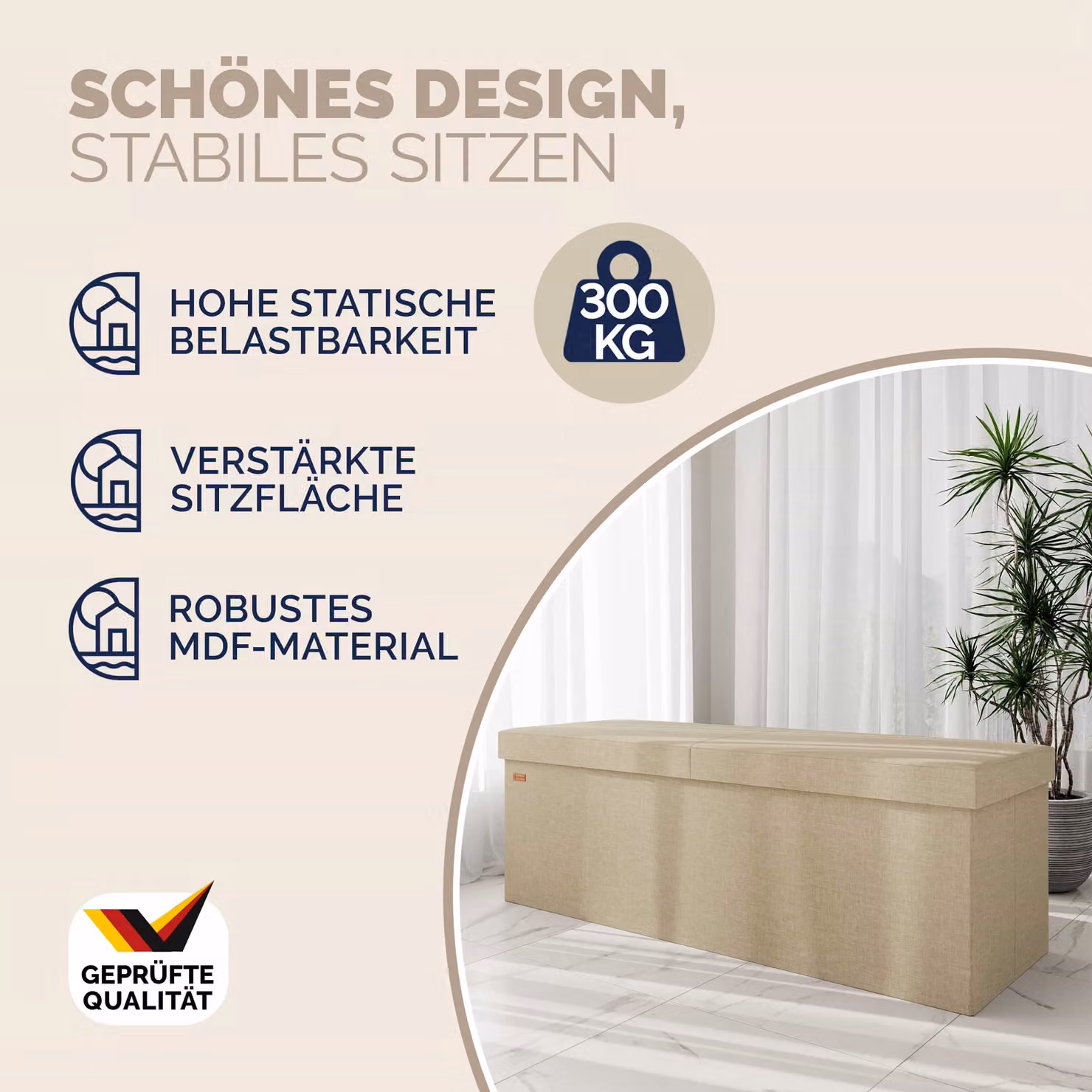 Panca contenitore Casaria® beige con coperchio incernierato L: 115 cm, P: 38 cm, H: 38 cm – 2
