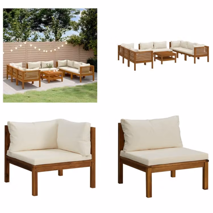 vidaXL Set salotto da giardino 9 pezzi con cuscini crema in legno massiccio di acacia - Set salotto da giardino - Set salotto da giardino - Set divano modulare - Set divano modulare