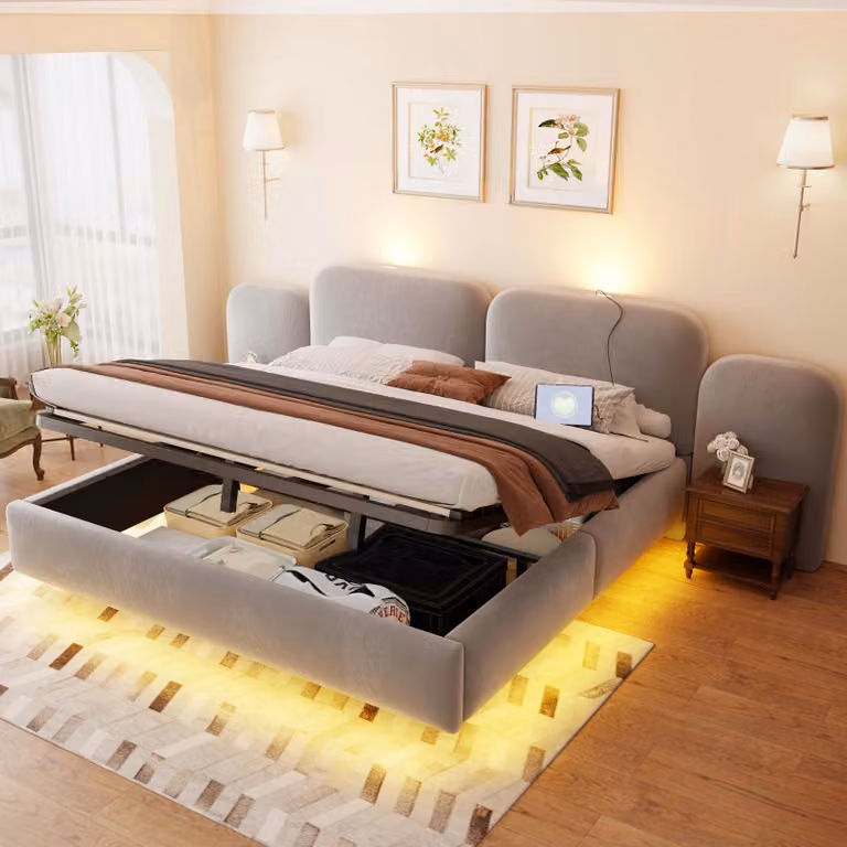 Letto imbottito STILVORA, 180x200 cm, con spazio contenitore a sollevamento idraulico, letto matrimoniale con striscia LED e porta USB, letto per giovani con rete a doghe robusta