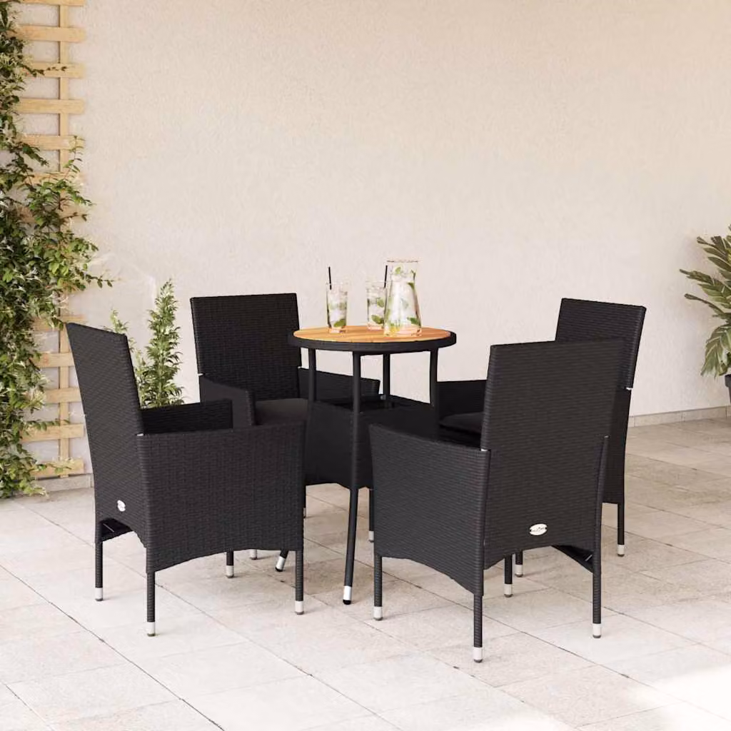 Set Pranzo da Giardino vidaXL in Polyrattan e Legno di Acacia Nero con 5 Pezzi e Cuscini – 1